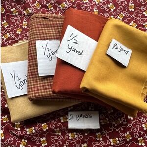 4 Yard Quilting Fabric Bundle Red Bee Print Gingham Mustard Orange Tan Cotton